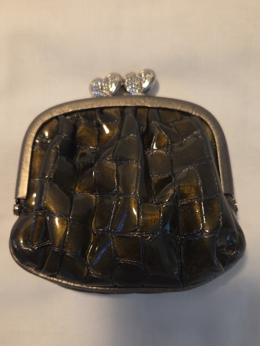 Brighton Metallic Bronze Croc-Embossed With Heart Shape Kiss-Lock Coin Purse